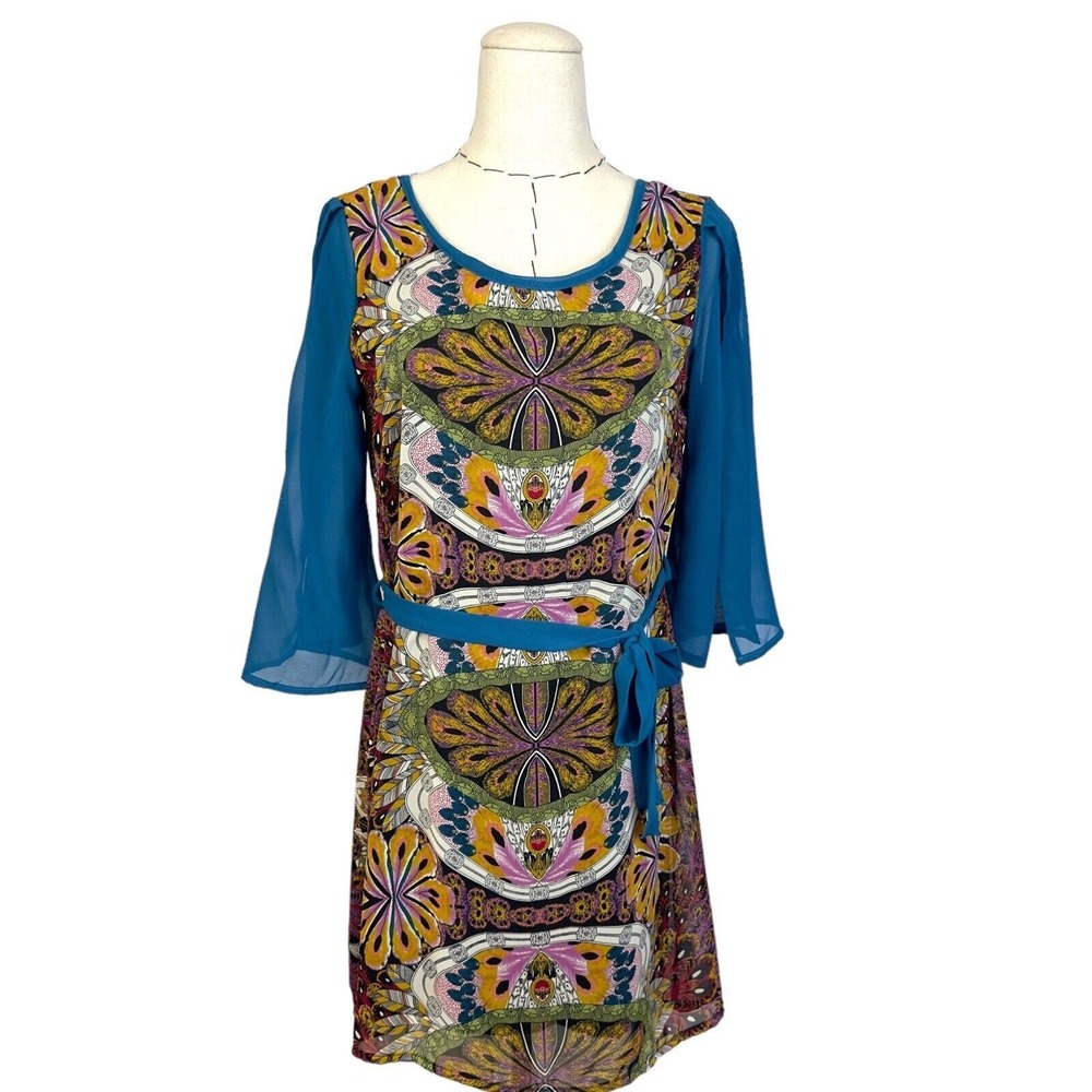 Yoyo 5 PRINT DRESS BLUE SLEEVES TIE WAIST‎ 3/4 SLEEVES WOMENS SIZE
